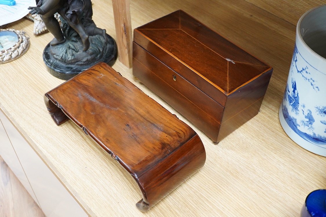 A Chinese padouk wood stand and a Victorian mahogany tea caddy, largest 36cm wide